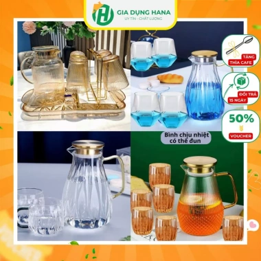 Bộ bình nước cao cấp M01 kèm 6 ly pha lê chịu nhiệt 400°C, dùng được trên bếp – Giá ưu đãi 265k