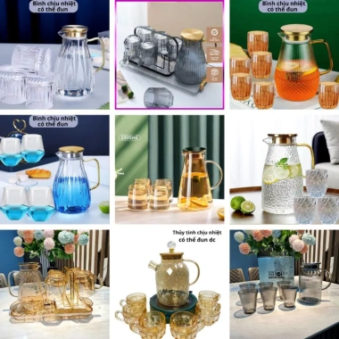 Bộ bình nước cao cấp M01 kèm 6 ly pha lê chịu nhiệt 400°C, dùng được trên bếp – Giá ưu đãi 265k