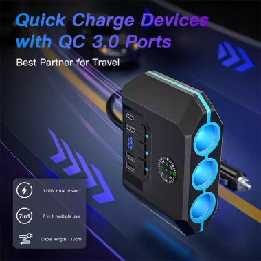 Bộ chia sạc nhanh 24V/12V ô tô - 3 ổ cắm, LED hiển thị, PD20W & QC18W, 4 USB, giá ưu đãi 223k 5