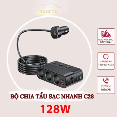 Bộ Chia Tẩu Sạc Ô To C28 Version 7 - 127W, Type-C 30W & QC3.0, Giá 319k