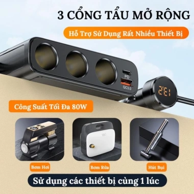Bộ Chia Tẩu Sạc Ô To C28 Version 7 - 127W, Type-C 30W & QC3.0, Giá 319k