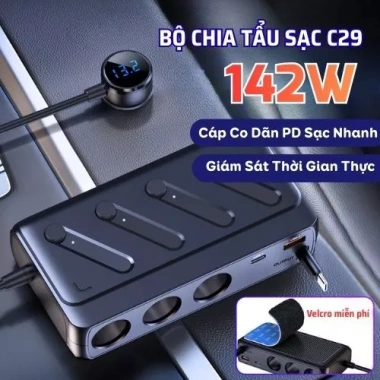 Bộ Chia Tẩu Sạc Ô Tô C29 142W - Sạc Nhanh PD45W Màn Hình Điện Áp Tiện Lợi Giá 348k