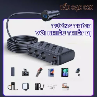 Bộ Chia Tẩu Sạc Ô Tô C29 142W - Sạc Nhanh PD45W Màn Hình Điện Áp Tiện Lợi Giá 348k