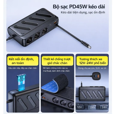 Bộ Chia Tẩu Sạc Ô Tô C29 142W - Sạc Nhanh PD45W Màn Hình Điện Áp Tiện Lợi Giá 348k
