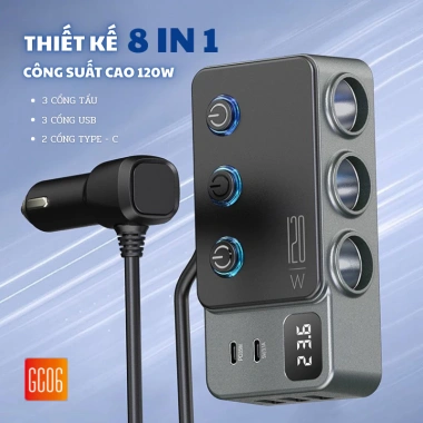 Bộ Chia Tẩu Sạc Ô Tô GC-06 8 Trong 1 Sạc Nhanh 120W Chip Bảo Vệ Thông Minh 2 Bộ Chia Tẩu Sạc Ô Tô GC-06 8 Trong 1 Sạc Nhanh 120W Chip Bảo Vệ Thông Minh 2