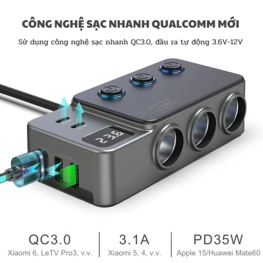 Bộ Chia Tẩu Sạc Ô Tô GC-06 8 Trong 1 Sạc Nhanh 120W Chip Bảo Vệ Thông Minh