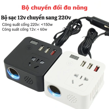 Bộ Chuyển Đổi 12V/24V sang 110V/220V Xe Hơi Ô Tô, USB QC3.0 Sạc Nhanh, Bật Lửa - 359.000₫