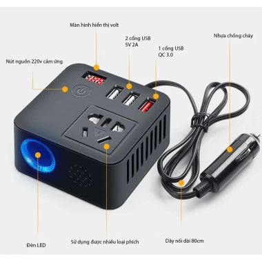 Bộ Chuyển Đổi 12V/24V sang 110V/220V Xe Hơi Ô Tô, USB QC3.0 Sạc Nhanh, Bật Lửa - 359.000₫