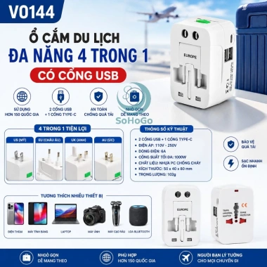 Bộ chuyển đổi ổ cắm du lịch 4 trong 1 USB & Type‑C, đa chuẩn quốc tế, chỉ 149.000₫