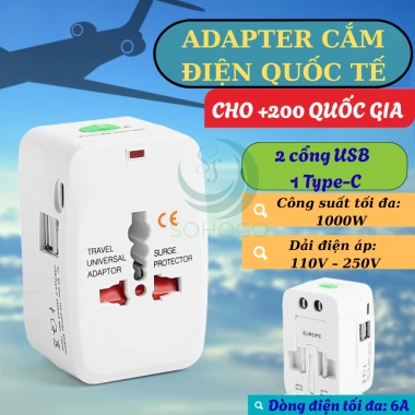 Bộ chuyển đổi ổ cắm du lịch 4 trong 1 USB & Type‑C, đa chuẩn quốc tế, chỉ 149.000₫