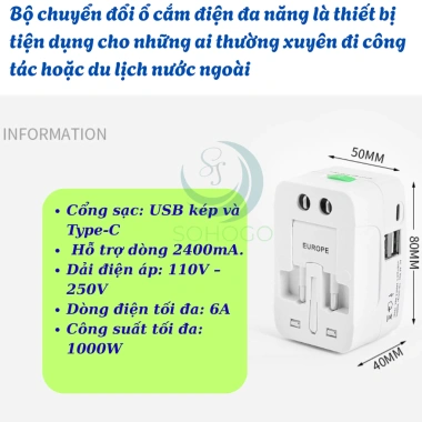 Bộ chuyển đổi ổ cắm du lịch 4 trong 1 USB & Type‑C, đa chuẩn quốc tế, chỉ 149.000₫