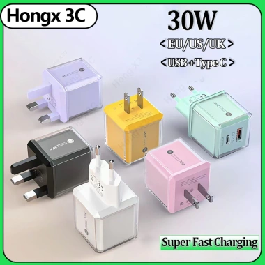 Bộ chuyển đổi sạc nhanh 30W đa cổng USB + Type‑C EU US UK, sạc du lịch iOS 15/16