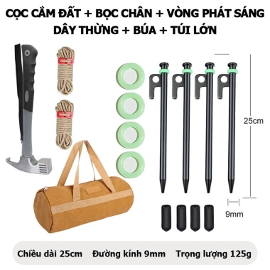 Bộ Cọc Cắm Trại + Búa Đóng Nhổ Đinh, Túi Canvas và Dây Neo Lều Tarp - Giá 84.000, Tiện Dụng Cho Dã Ngoại