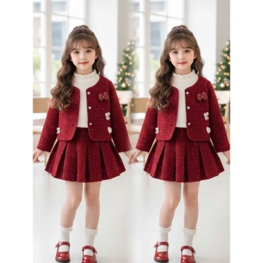 Bộ Dạ Đỏ Đính Charm Nơ Mix – Chân Váy Xếp Ly Tiểu Thư Ngày Tết cho Bé Gái, Giá 312.699₫