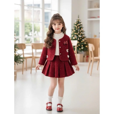 Bộ Dạ Đỏ Đính Charm Nơ Mix – Chân Váy Xếp Ly Tiểu Thư Ngày Tết cho Bé Gái, Giá 312.699₫ 2