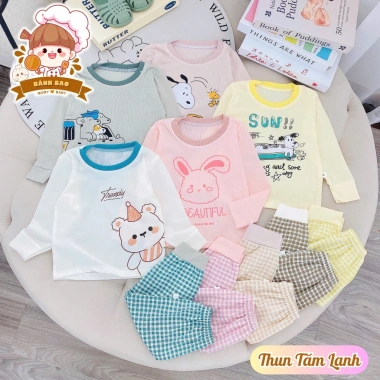 Bộ Dài Tay Bé Trai Gái Thun Tăm Lạnh Siêu Thoáng Mát Họa Tiết Hoạt Hình 6-16Kg Freeship Voucher