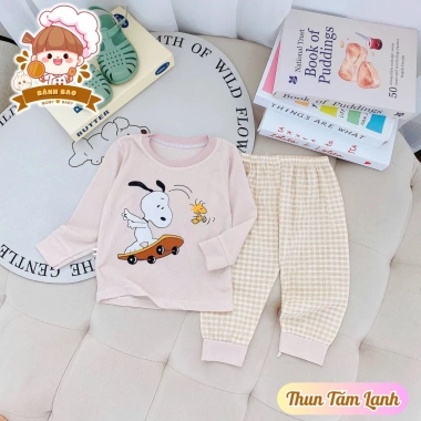 Bộ Dài Tay Bé Trai Gái Thun Tăm Lạnh Siêu Thoáng Mát Họa Tiết Hoạt Hình 6-16Kg Freeship Voucher