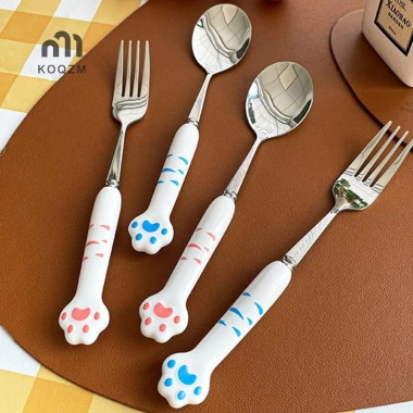 Bộ dao kéo chân dễ thương, muỗng nĩa thép không gỉ, hộp lưu trữ di động tiện ăn trưa