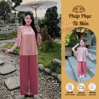 Bộ đi chùa mẹ bé gái tay loe gấm mềm mát, lễ tết thanh trúc - 225.000đ