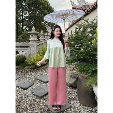 Bộ đi chùa mẹ bé gái tay loe gấm mềm mát, lễ tết thanh trúc - 225.000đ