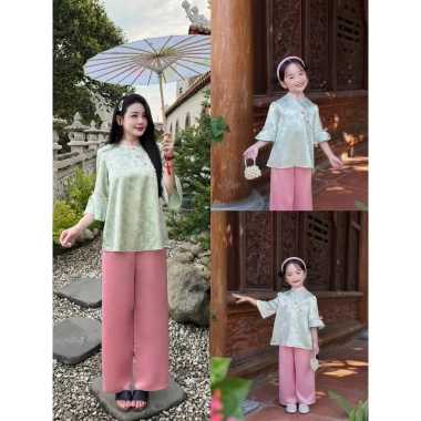 Bộ đi chùa mẹ bé gái tay loe gấm mềm mát, lễ tết thanh trúc - 225.000đ 10 Bộ đi chùa mẹ bé gái tay loe gấm mềm mát, lễ tết thanh trúc - 225.000đ 10