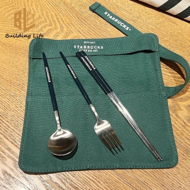 Bộ đồ ăn Starbucks thép không gỉ 304 – 3 món + túi vải, di động cho văn phòng, du lịch, giảm 20%