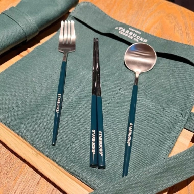 Bộ đồ ăn Starbucks thép không gỉ 304 – 3 món + túi vải, di động cho văn phòng, du lịch, giảm 20%