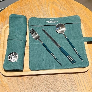 Bộ đồ ăn Starbucks thép không gỉ 304 – 3 món + túi vải, di động cho văn phòng, du lịch, giảm 20%