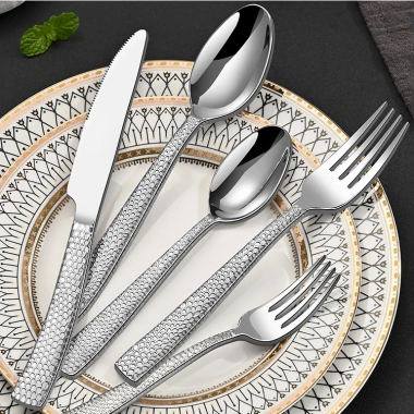 Bộ Đồ Ăn Thép Không Gỉ Rèn Nhật Bản, Dao Nĩa Thìa Búa Dày Họa Tiết, 47.820₫