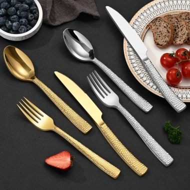 Bộ Đồ Ăn Thép Không Gỉ Rèn Nhật Bản, Dao Nĩa Thìa Búa Dày Họa Tiết, 47.820₫