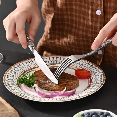 Bộ Đồ Ăn Thép Không Gỉ Rèn Nhật Bản, Dao Nĩa Thìa Búa Dày Họa Tiết, 47.820₫