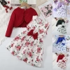 Bộ đồ bé gái 2-8 tuổi áo khoác dài tay + đầm hoa in không tay nơ trang trí - Mặc đẹp Tết tựu trường