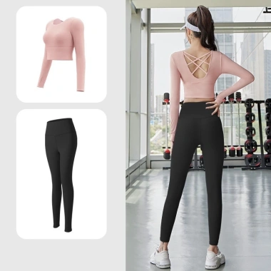 Bộ đồ tập gym nữ 2 món: Croptop dây lưng + quần ôm body mút đệm tôn dáng - 287k