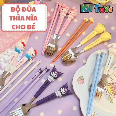 Bộ Đũa Thìa Nĩa Inox Kuromi, Kitty, Cún Trắng - Hộp Đựng Tiện Lợi, Giá 22.000₫