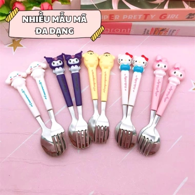 Bộ Đũa Thìa Nĩa Inox Kuromi, Kitty, Cún Trắng - Hộp Đựng Tiện Lợi, Giá 22.000₫