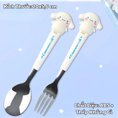 Bộ Đũa Thìa Nĩa Inox Kuromi, Kitty, Cún Trắng - Hộp Đựng Tiện Lợi, Giá 22.000₫