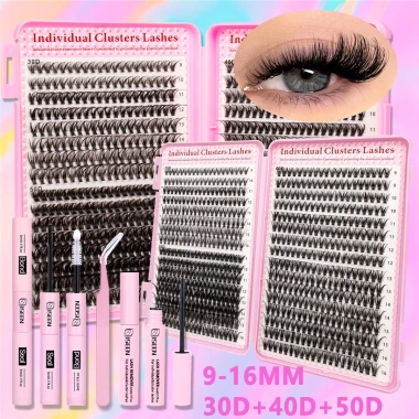 Bộ dụng cụ nối mi DIY, mi chùm mềm tự nhiên 9-16mm, kèm keo dán, tẩy trang, giá ưu đãi 118.800₫