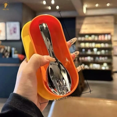 Bộ dụng cụ trẻ em 2 trong 1 di động - Nĩa thìa thép không gỉ, hộp du lịch, phù hợp bé mới biết đi - Quà tặng 5