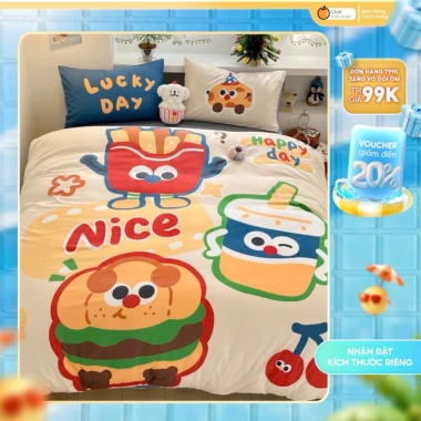 Bộ ga giường 4 món cao cấp cotton đũi mềm mịn in 5D cute - Giá ưu đãi 577,358₫