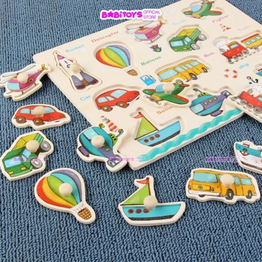 Bộ ghép hình núm gỗ 5,10 Babitoys - Động vật, Trái cây, Giao thông, 86.000₫ 5