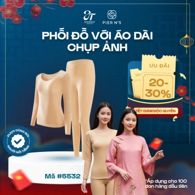 Bộ giữ nhiệt nữ Pier No5 áo dài hương hoa sơn trà - Khóa nhiệt tăng 5°C, Santony