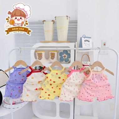 Bộ Hai Dây Vải Thun Tăm Lạnh Phối Bèo Siu Cute Đáng Iu Bé Gái 6-17kg Thoải Mái