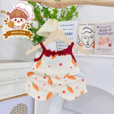 Bộ Hai Dây Vải Thun Tăm Lạnh Phối Bèo Siu Cute Đáng Iu Bé Gái 6-17kg Thoải Mái