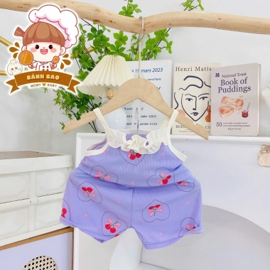 Bộ Hai Dây Vải Thun Tăm Lạnh Phối Bèo Siu Cute Đáng Iu Bé Gái 6-17kg Thoải Mái