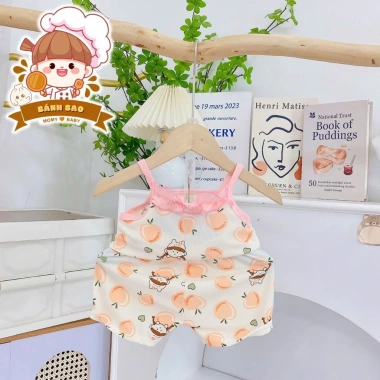 Bộ Hai Dây Vải Thun Tăm Lạnh Phối Bèo Siu Cute Đáng Iu Bé Gái 6-17kg Thoải Mái