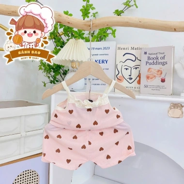 Bộ Hai Dây Vải Thun Tăm Lạnh Phối Bèo Siu Cute Đáng Iu Bé Gái 6-17kg Thoải Mái