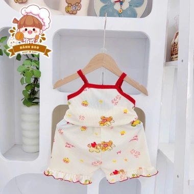 Bộ Hai Dây Vải Thun Tăm Lạnh Phối Bèo Siu Cute Đáng Iu Bé Gái 6-17kg Thoải Mái