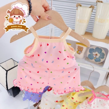 Bộ Hai Dây Vải Thun Tăm Lạnh Phối Bèo Siu Cute Đáng Iu Bé Gái 6-17kg Thoải Mái