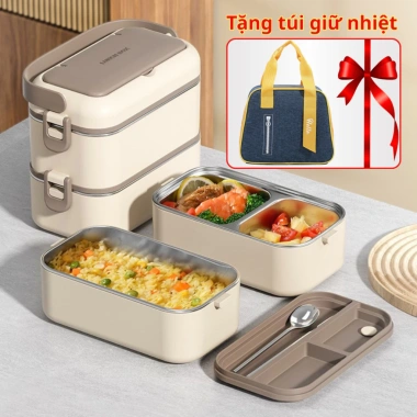 Bộ hộp cơm giữ nhiệt inox 304 2-3 tầng cao cấp, tặng túi giữ nhiệt và thìa đũa – Giá ưu đãi 295.000₫