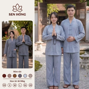 Bộ La Hán Truyền Thống Áo Lam Pháp Phục Nam Nữ - Quần Áo Phật Tử Kate Mát Mịn Loại 1